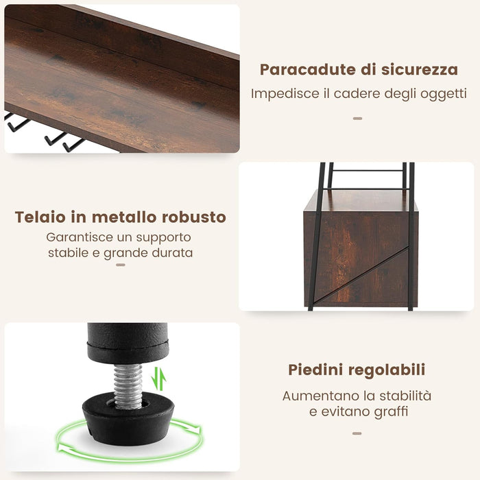 Scaffale da Cucina con Portabottiglie Staccabile e 5 Supporti per Calici, 2 Ripiani, Sistema Antiribaltamento, Mobile da Bar per Cucina, Sala da Pranzo, Bar, Marrone
