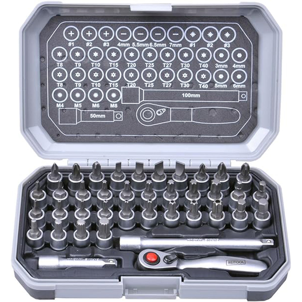 SERIE SET 39PZ INSERTI CON BUSSOLA ATTACCO 1/4 + CRICCHETTO + PROLUNGHE REITOOL 00682