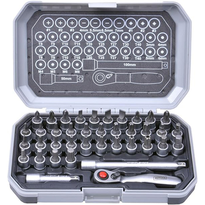 SERIE SET 39PZ INSERTI CON BUSSOLA ATTACCO 1/4 + CRICCHETTO + PROLUNGHE REITOOL 00682