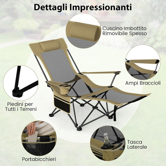 Sedia da Campeggio con Poggiapiedi Rimovibile, Sedia Pieghevole con Schinale Reclinabile, Braccioli e Portabicchieri, Portata 150 kg, Sdraio in Testtuto Oxford per Giardino e Spiaggia (Verde)