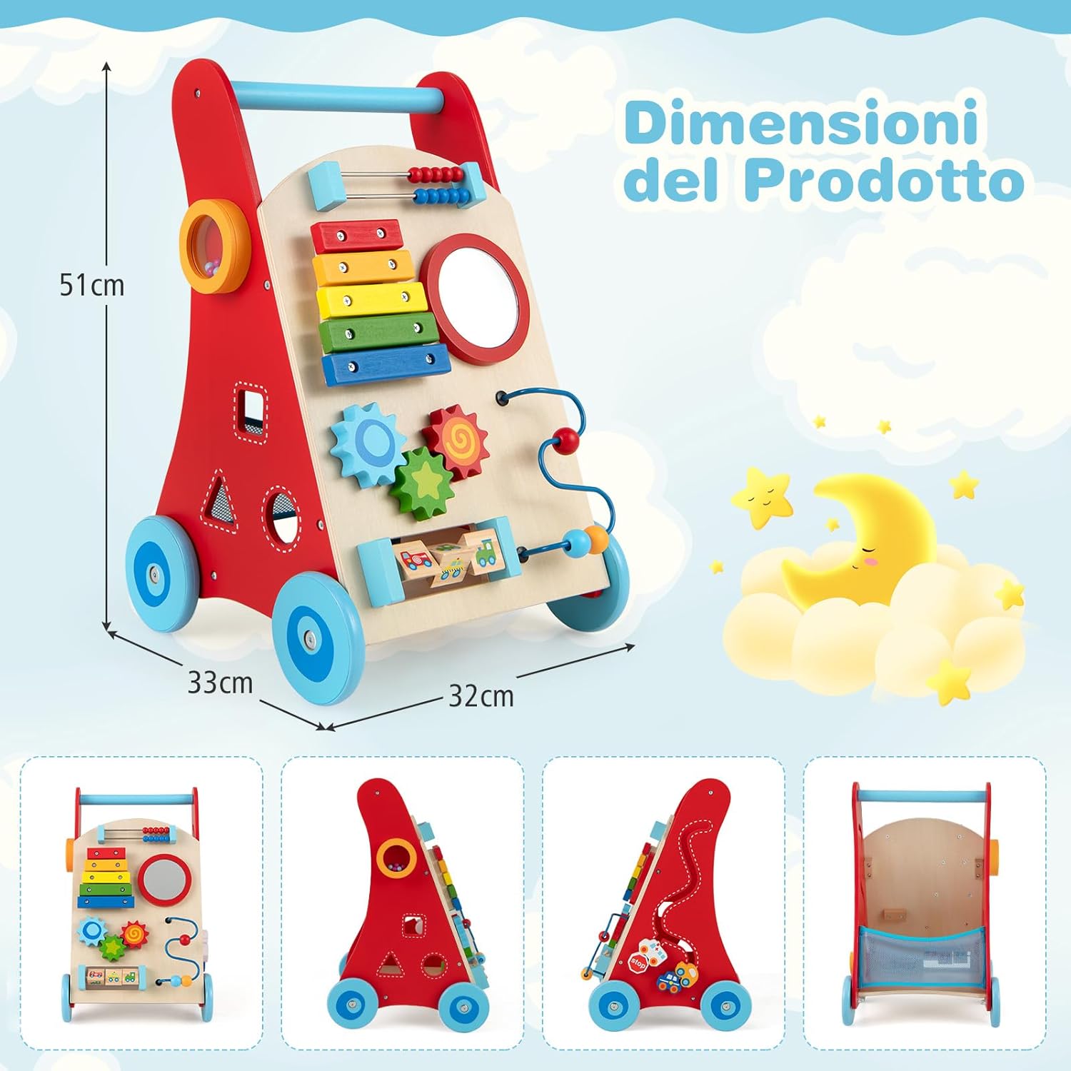 7 in 1 Girello per Bambini in Legno, Carrellino Primi Passi con Manico, Contenitore e Ruote, Giocattolo Montessori da Spingere e Tirare, Gioco Educativo per Bambini 3 + Anni (Modello 1)
