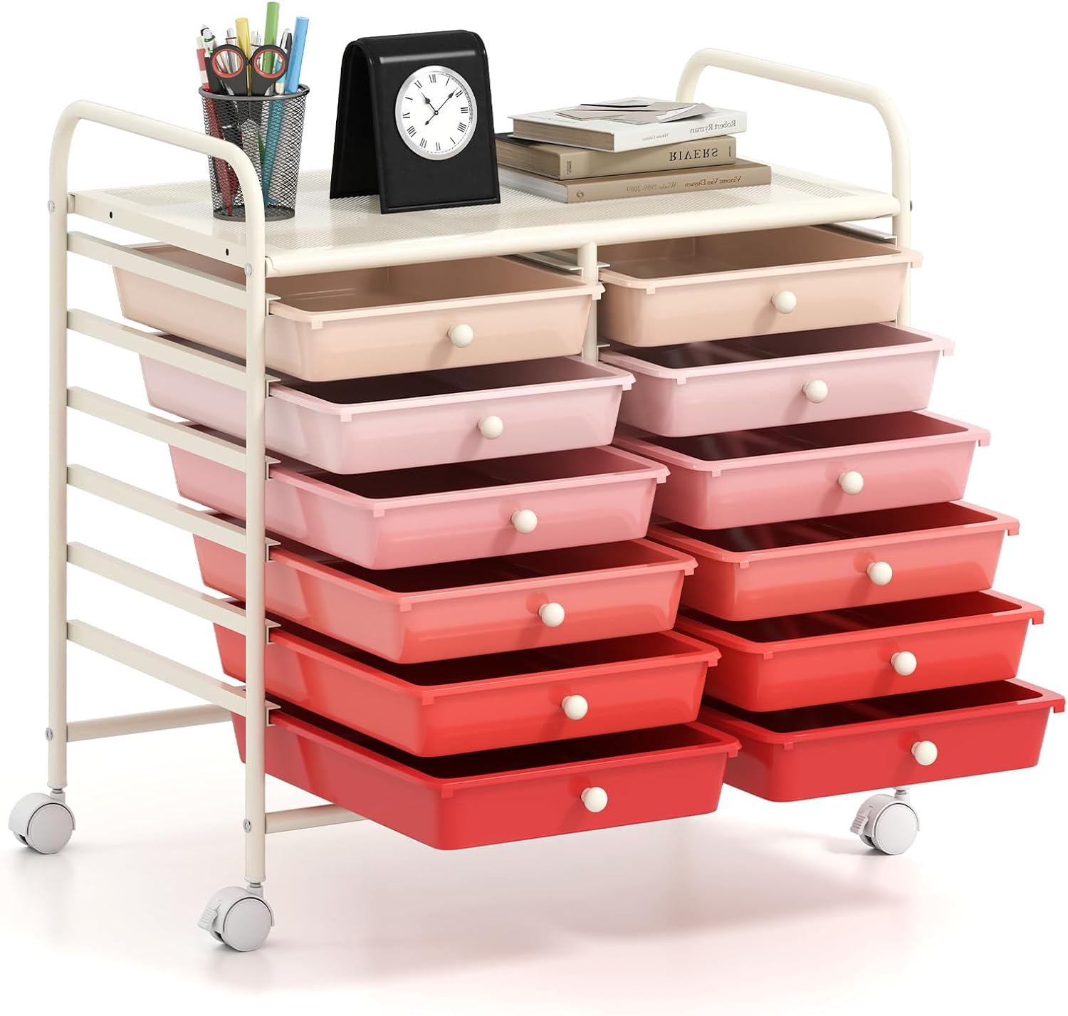 Carrello di Stoccaggio con 12 Cassetti, Carrello portaoggetti con 4 Ruote, Carrello Multiuso per Scuola Ufficio Cucina, 64 x 38 x 62 cm (12 cassetti Rosa sfumato)