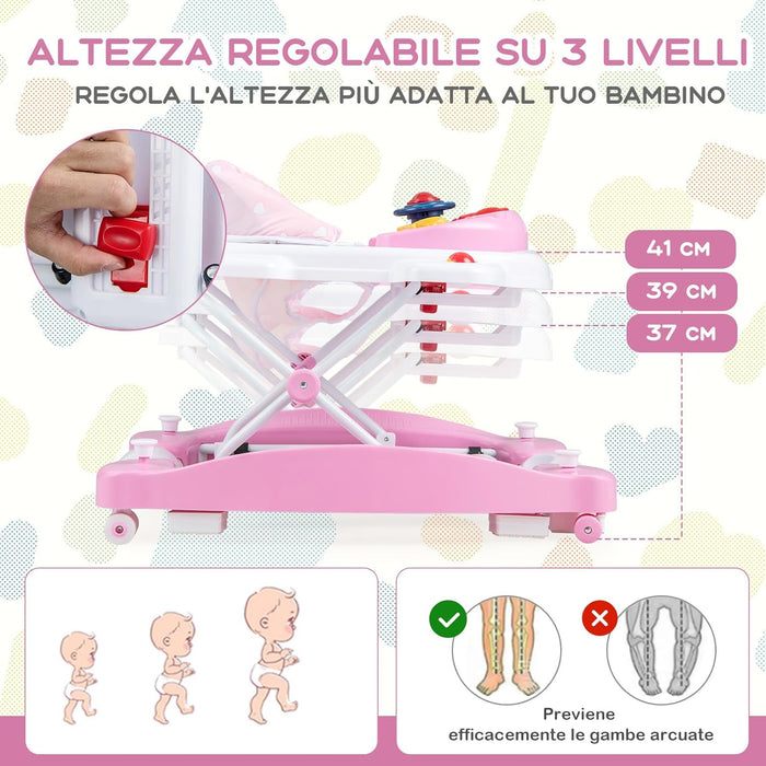 Girello per Bambini 6 in 1, Primi Passi per Neonati con Altezza Regolabile, Sedia a Dondolo per Bambini, Girello Pieghevole con Vassoio Musicale, Cuscino, per Bambini 6+ Mesi (Rosa)