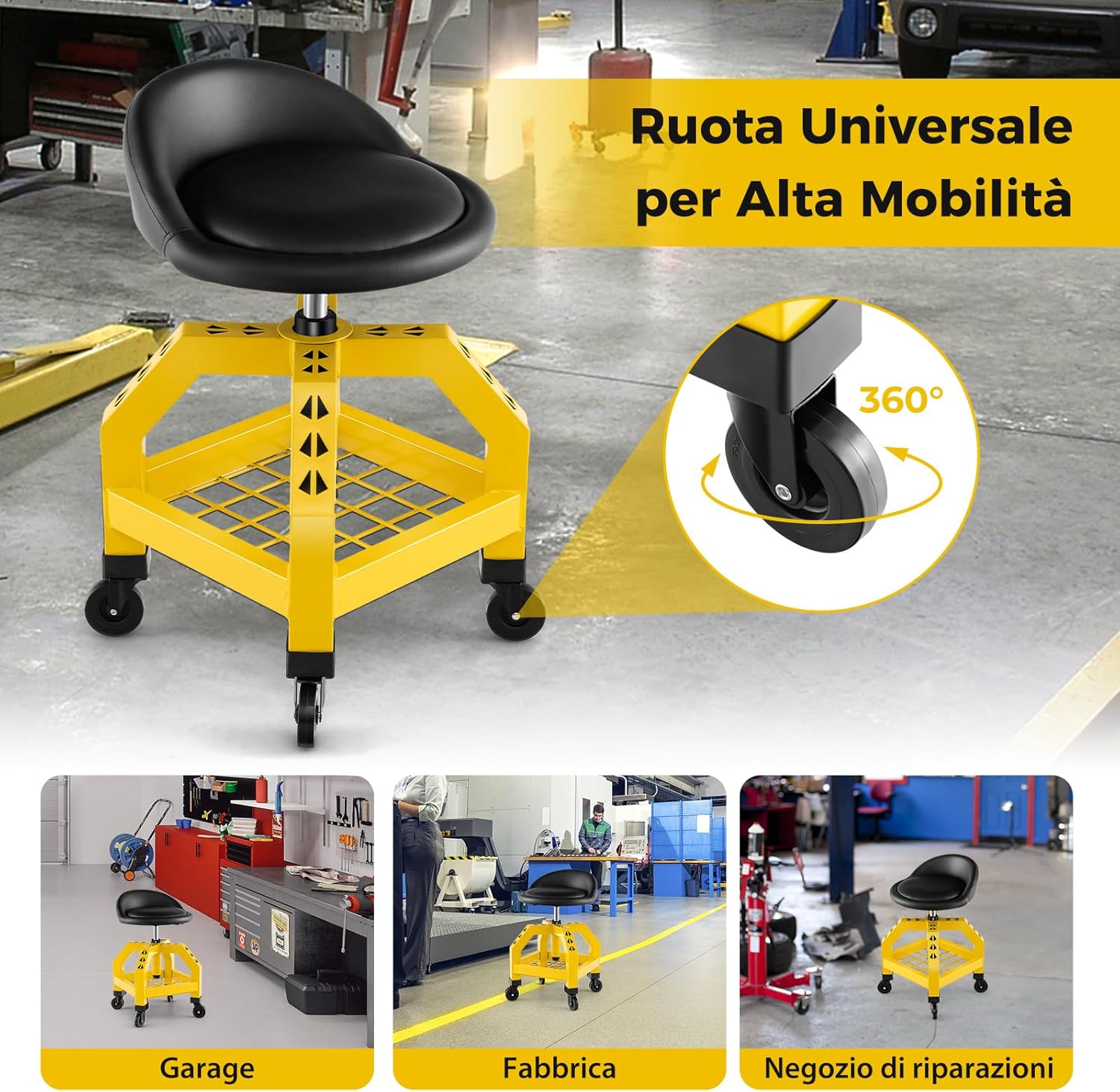 Sgabello da Officina, Sgabello Meccanico Rotante con Vassoio Porta Attrezzi, Regolabile in Altezza e 4 Ruote Universali, Capacità di 150 kg, per Garage, Officina (Giallo)