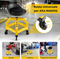 Sgabello da Officina, Sgabello Meccanico Rotante con Vassoio Porta Attrezzi, Regolabile in Altezza e 4 Ruote Universali, Capacità di 150 kg, per Garage, Officina (Giallo)