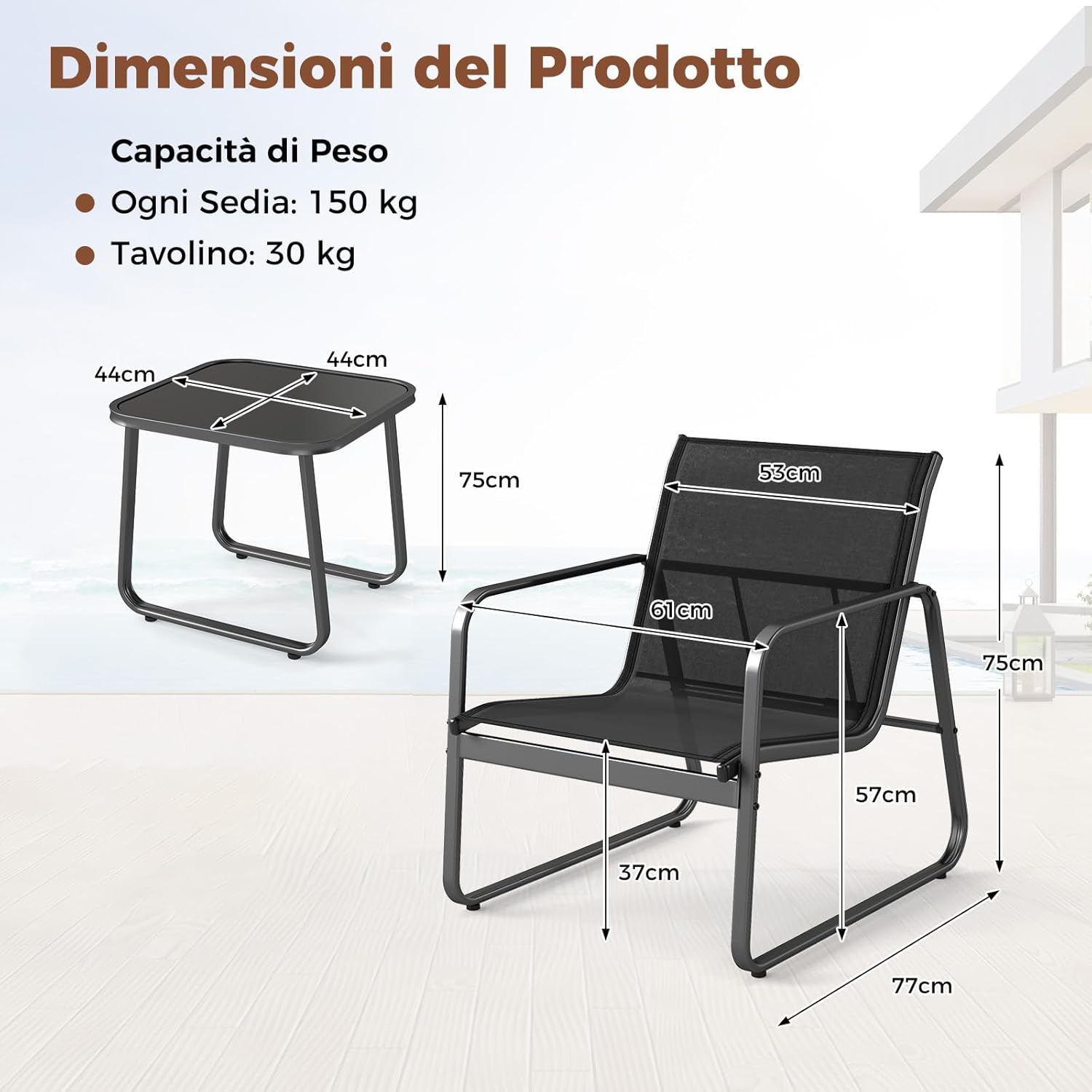 Set da Conversazione a 3 Pezzi, Set di 2 Sedie in Textilene e Tavolino in Vetro Temperato, Set da Giardino a 3 Pezzi con Struttura in Metallo, per Giardino, Terrazza, Piscina (Nero)