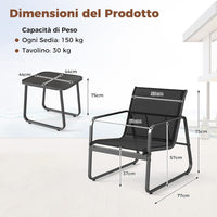 Set da Conversazione a 3 Pezzi, Set di 2 Sedie in Textilene e Tavolino in Vetro Temperato, Set da Giardino a 3 Pezzi con Struttura in Metallo, per Giardino, Terrazza, Piscina (Nero)