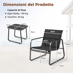 Set da Conversazione a 3 Pezzi, Set di 2 Sedie in Textilene e Tavolino in Vetro Temperato, Set da Giardino a 3 Pezzi con Struttura in Metallo, per Giardino, Terrazza, Piscina (Nero)