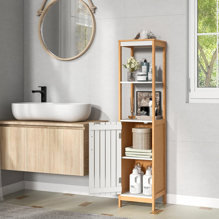 Armadio da Bagno, Mobile Alto 129 cm con Anta, Mobile Salvaspazio e Multiuso in Bambù con Ripiani Regolabili, per Soggiorno Bagno