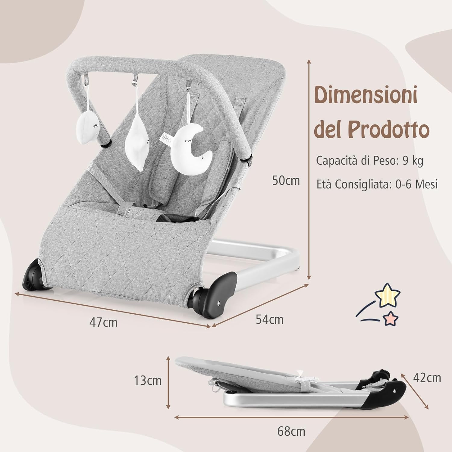 Sdraietta a Dondolo per Neonati, Sdraietta Pieghevole con Cintura di Sicurezza a 5 Punti, Sedia a Dondolo Portatile da Terra, con Base in Allumino, Grigio