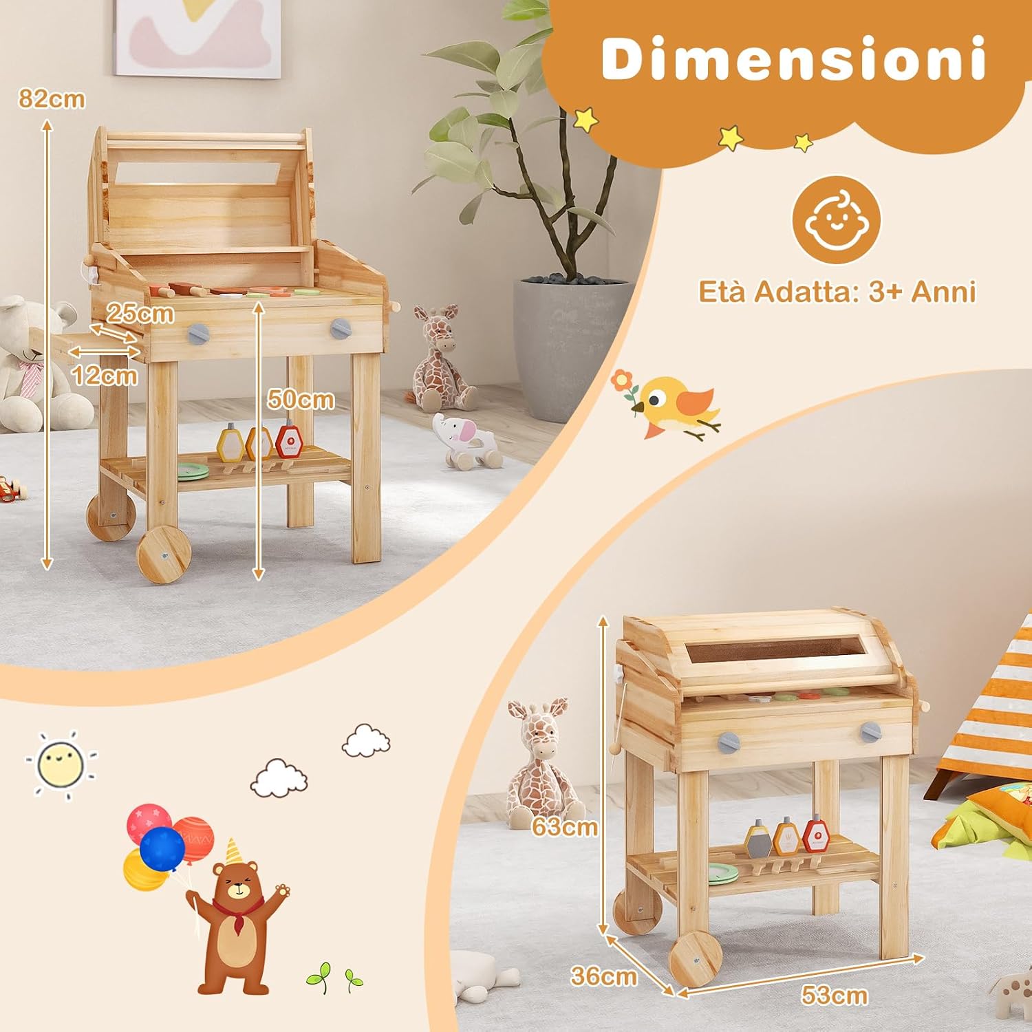 Barbecue Giocattolo per Giardino in Legno di Abete, Griglia Carrello Bambini con Cibo, Set Cucina Giocattolo con 25 Accessori BBQ, 53 x 36 x 63 cm, per Bambini 3+ Anni