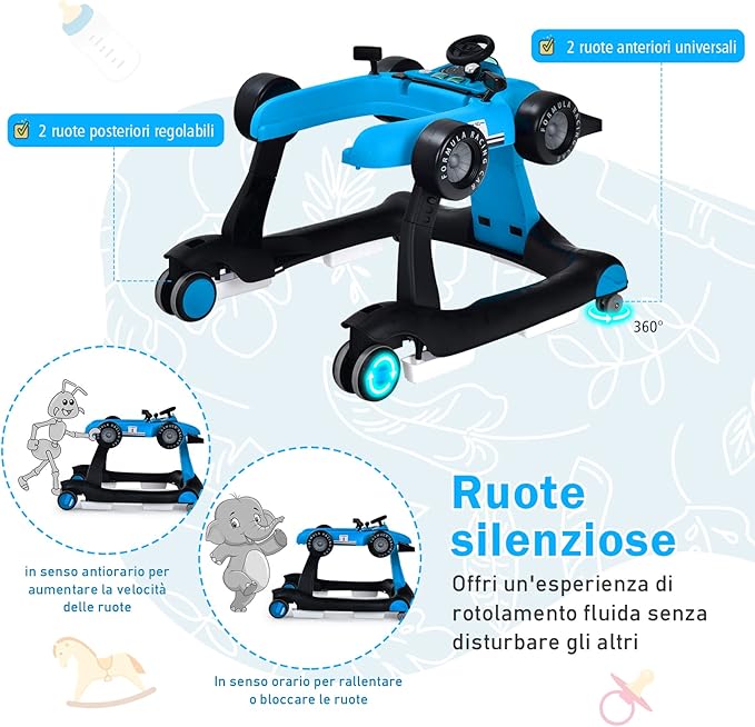 Girello per Bambini 4 in 1, Girello Pieghevole con Altezza e Velocità Regolabili, Carillon con Luci, Volante e Sedile, Primi Passi per Bambini 6-18 Mesi, Portata 15 kg (Blu)