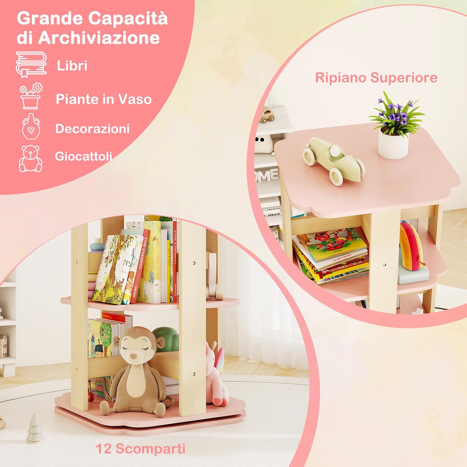 Libreria Girevole per Bambini, Scaffale per Libri in Legno a 3 Livelli con 12 Scomparti, Libreria Angolare e Salvaspazio per Camera da Letto, Studio e Soggiorno, 48 x 48 x 95,5 cm