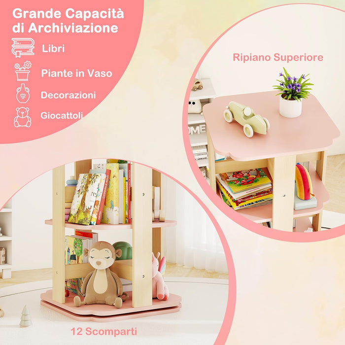 Libreria Girevole per Bambini, Scaffale per Libri in Legno a 3 Livelli con 12 Scomparti, Libreria Angolare e Salvaspazio per Camera da Letto, Studio e Soggiorno, 48 x 48 x 95,5 cm