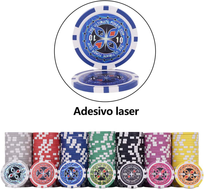 Poker Chips, Set da Poker con 300 Chips, Incluse 2 Carte da Poker 5 Dadi 1 Pulsante, Valigetta in Alluminio, Due Colori Disponibili (argento)