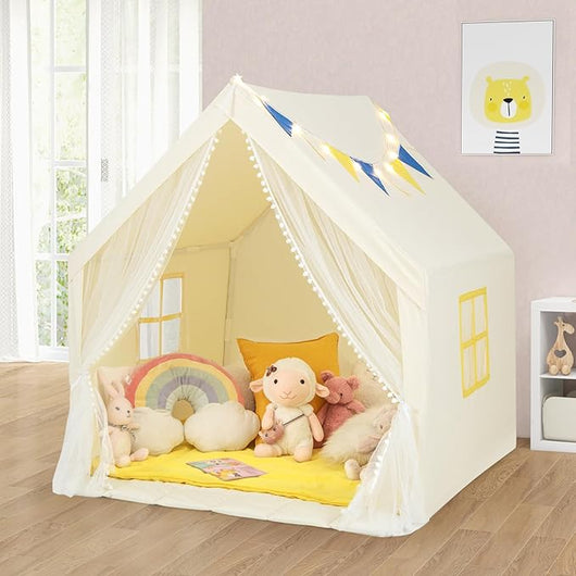 Tenda da Gioco per Bambini, Casetta per Bambini con Tappeto in Cotone Lavabile Luci Stellari e Finestre, Tenda del Castello, 122x105x125 cm (Beige)