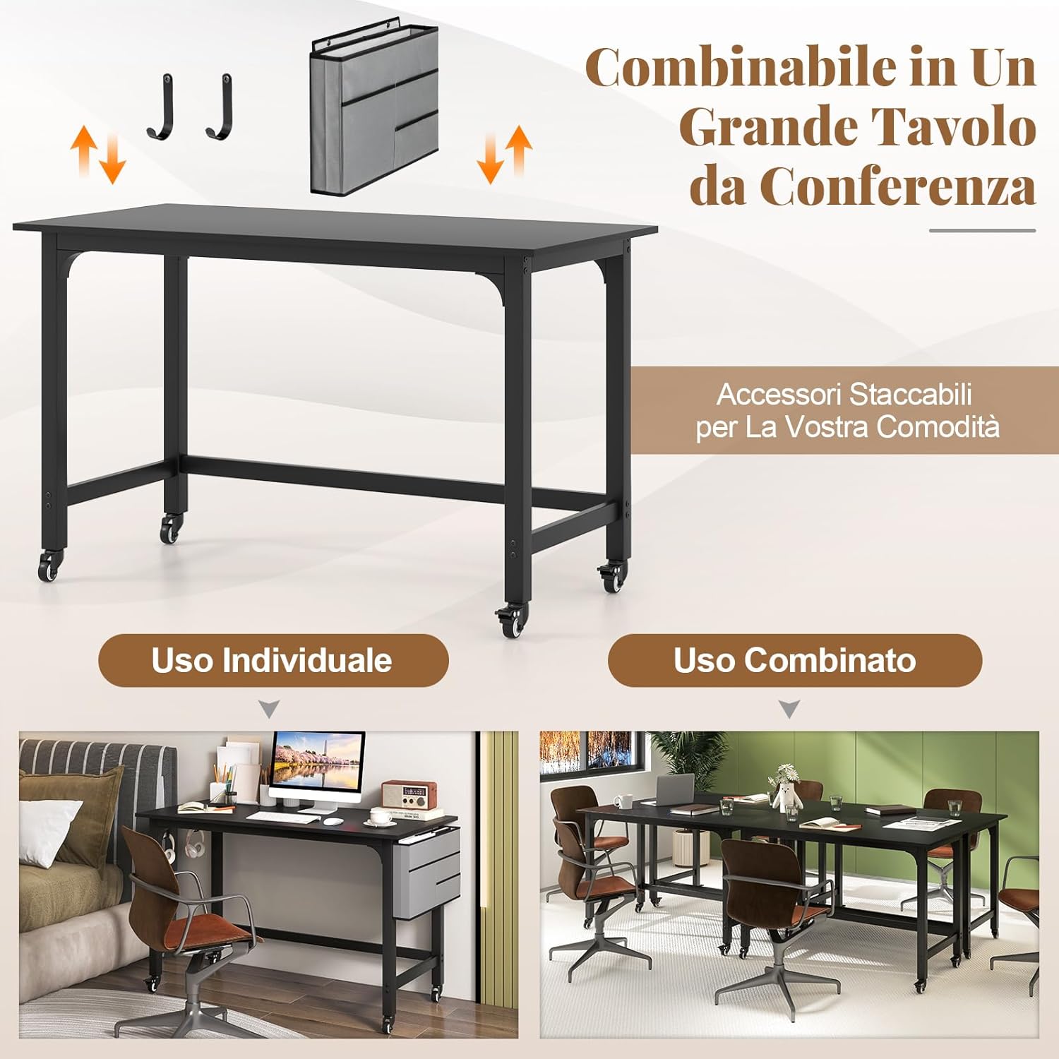 Scrivania per Ufficio e Casa, Scriviania con Ampio Piano, 4 Ruote Bloccabili, Borsa Rimovibile e Ganci per Cuffie, Scriviania per Computer di Metallo e Legno (Nero)