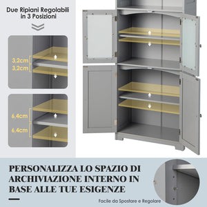 Armadio da Bagno, Mobiletto Alto da Terra con 2 Armadietti e Ripiani Regolabili, con Ante in Vetro, Mobile Portaoggetti Multiusi per Bagno Soggiorno, 60x30x163 cm (Grigio)