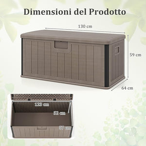 Baule da Esterno 378 L Impermeabile, Cassapanca Contenitore in Resina con Coperchio Bloccabile, Contenitore Salvaspazio per Giardino e Cortile, 130 x 64 x 59 cm (Marrone)