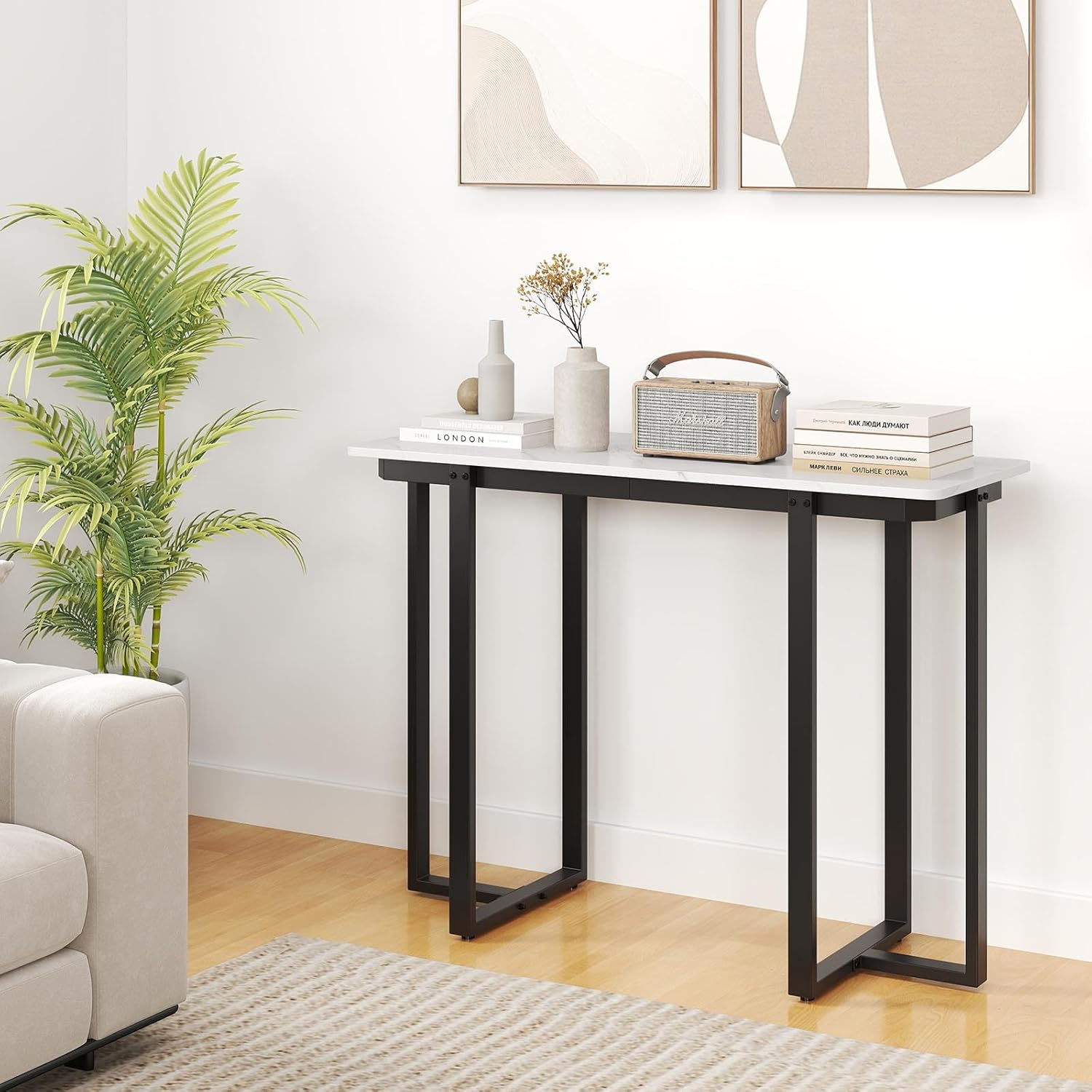 Tavolo Consolle, Tavolo d'Ingresso Moderno in Marmo Finto con Telaio Geometrico in Metallo, Tavolo Stretto per Soggiorno, Corridoio e Ingresso, 107 x 40 x 79,5 cm (Nero e bianco)
