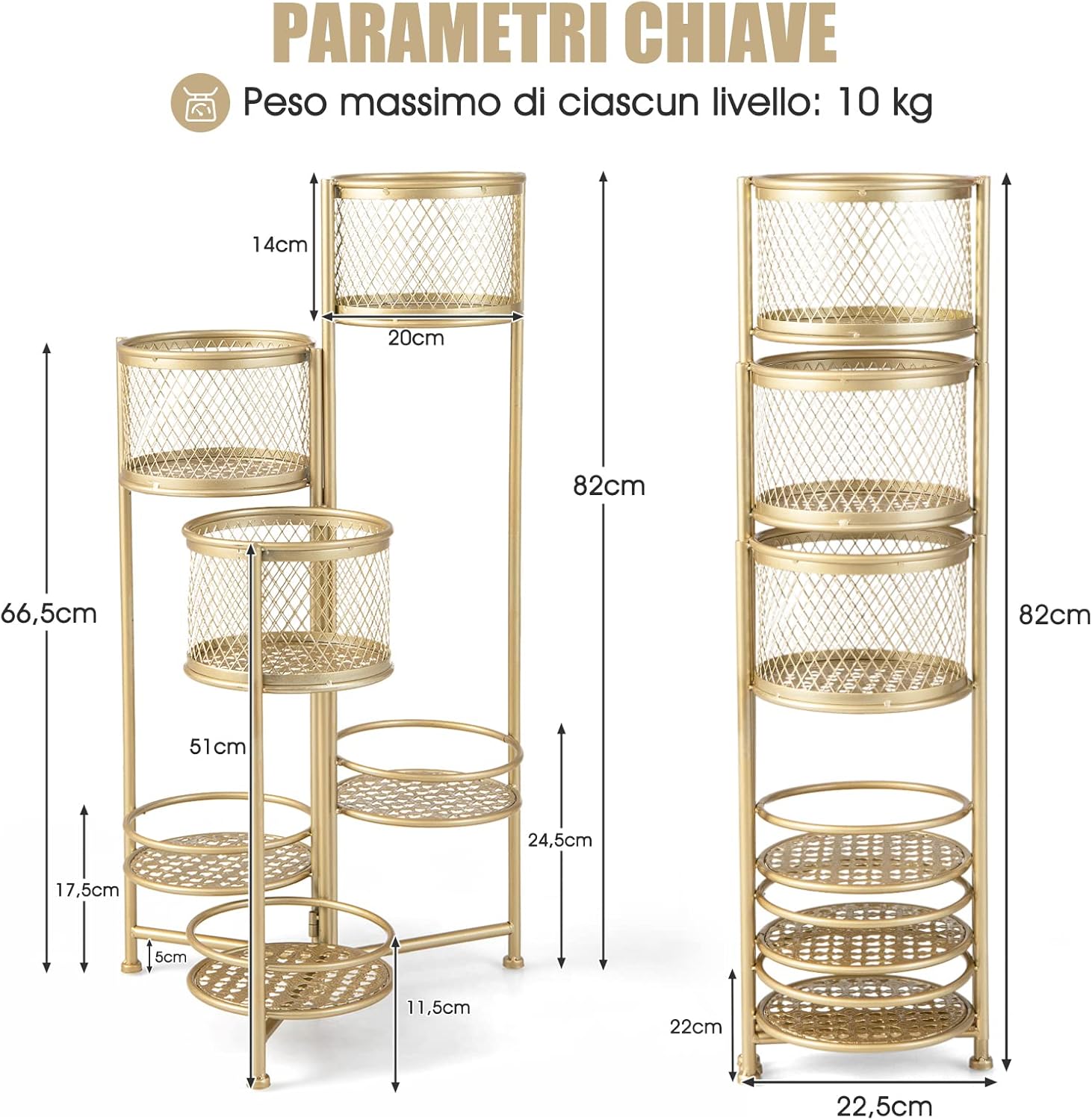 Porta Piante da Interno Pieghevole, Scaffale per Piante e Fiori in Metallo a 6 Livelli,Porta Vasi Salvaspazio da Balcone e Salotto, 41 x 39 x 82 cm (Oro)