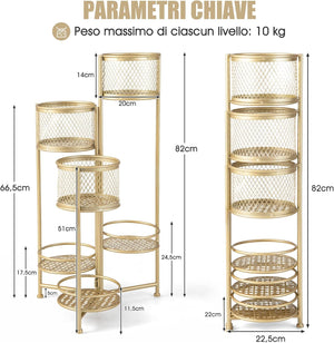 Porta Piante da Interno Pieghevole, Scaffale per Piante e Fiori in Metallo a 6 Livelli,Porta Vasi Salvaspazio da Balcone e Salotto, 41 x 39 x 82 cm (Oro)