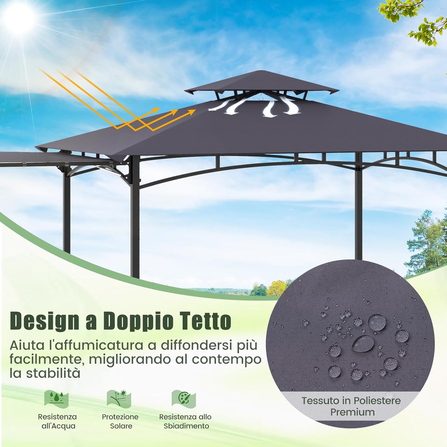 Gazebo per Barbecue, Pergola per BBQ con Tendalino Laterale, Tetto a 2 Livelli, 2 Ripiani Laterali, Ganci Appesi, Apribottiglie, per Giardino e Cortile, 318 x 153 x 250 cm (Grigio Scuro)
