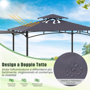 Gazebo per Barbecue, Pergola per BBQ con Tendalino Laterale, Tetto a 2 Livelli, 2 Ripiani Laterali, Ganci Appesi, Apribottiglie, per Giardino e Cortile, 318 x 153 x 250 cm (Grigio Scuro)