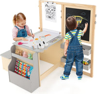 Set 3 in 1 Tavolo e Sedie per Bambini 3+ Anni, Tavolo in Legno Sicuro con Lavagna Cancellabile, Magnetica, Cavalletto Regolabile, Libreria e Accessori Artistici, per Disegno (Grigio)