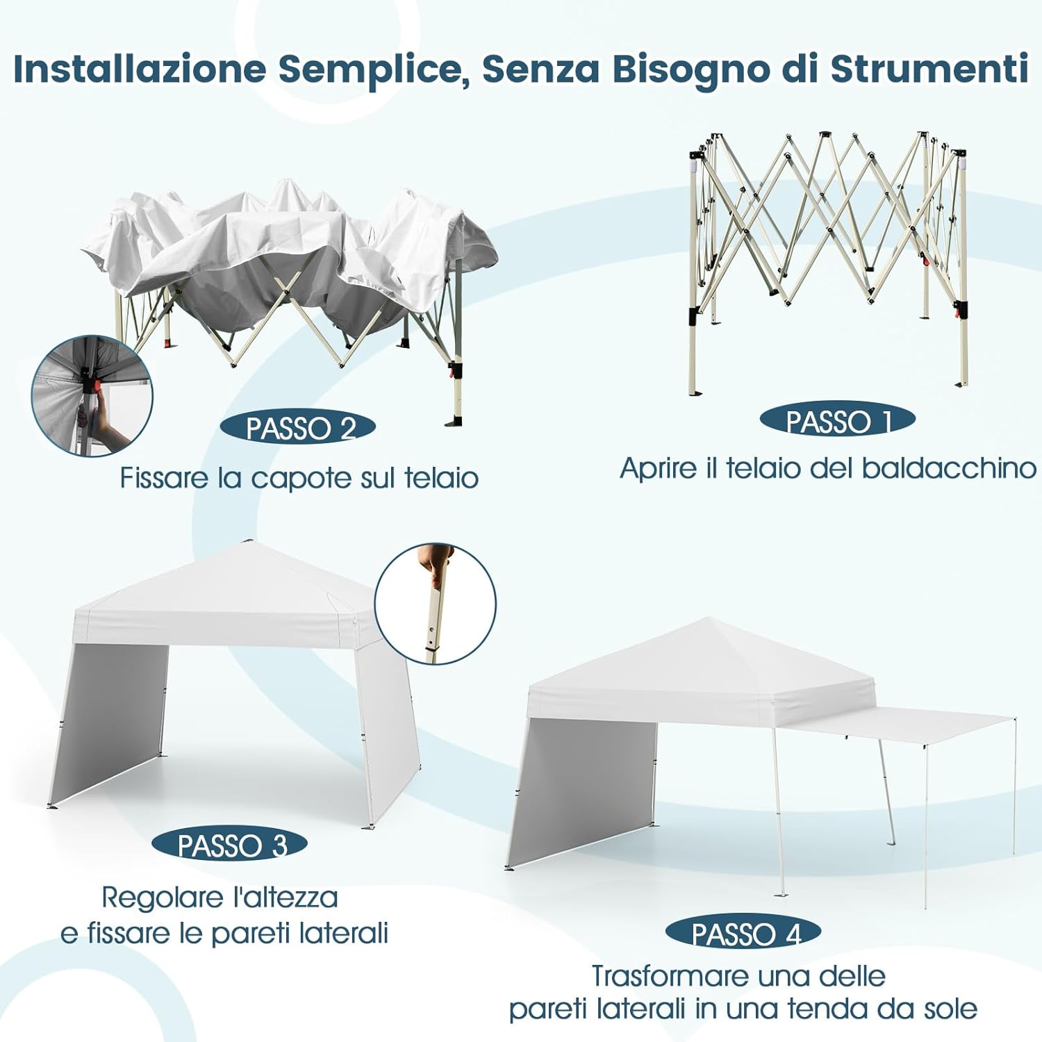 Gazebo Pieghevole 430 x 280 cm, Gazebo da Esterno con Pareti Laterali Convertibili in Tenda da Sole, 8 Picchetti, 4 Corde Antivento, Tendone Impermeabile per Feste (Bianco)