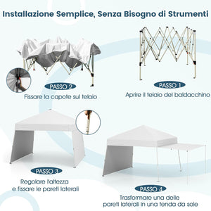 Gazebo Pieghevole 430 x 280 cm, Gazebo da Esterno con Pareti Laterali Convertibili in Tenda da Sole, 8 Picchetti, 4 Corde Antivento, Tendone Impermeabile per Feste (Bianco)