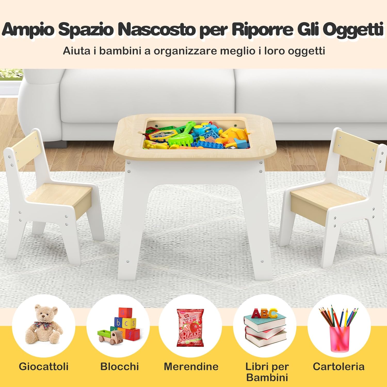 Set Tavolo e 2 Sedie per Bambini, con Lavagna Reversibile, Tavolo Multiattività con Vano Portaoggetti Nascosto e Sedie, per Bambini da 3-6 Anni, per Cameretta e Soggiorno (Naturale)