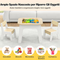 Set Tavolo e 2 Sedie per Bambini, con Lavagna Reversibile, Tavolo Multiattività con Vano Portaoggetti Nascosto e Sedie, per Bambini da 3-6 Anni, per Cameretta e Soggiorno (Naturale)
