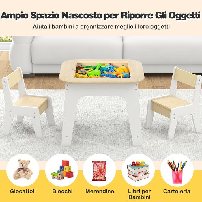 Set Tavolo e 2 Sedie per Bambini, con Lavagna Reversibile, Tavolo Multiattività con Vano Portaoggetti Nascosto e Sedie, per Bambini da 3-6 Anni, per Cameretta e Soggiorno (Naturale)