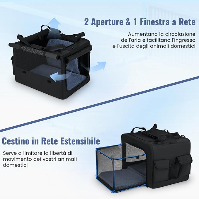 Trasportino Pieghevole per Cani e Gatti, Borsa da Trasporto per Animali con 2 Aperture, Finestra, Cesto Interno in Rete, Tasche Laterali e Porta Bicchiere, Gabbia Morbida e Portatile (S)