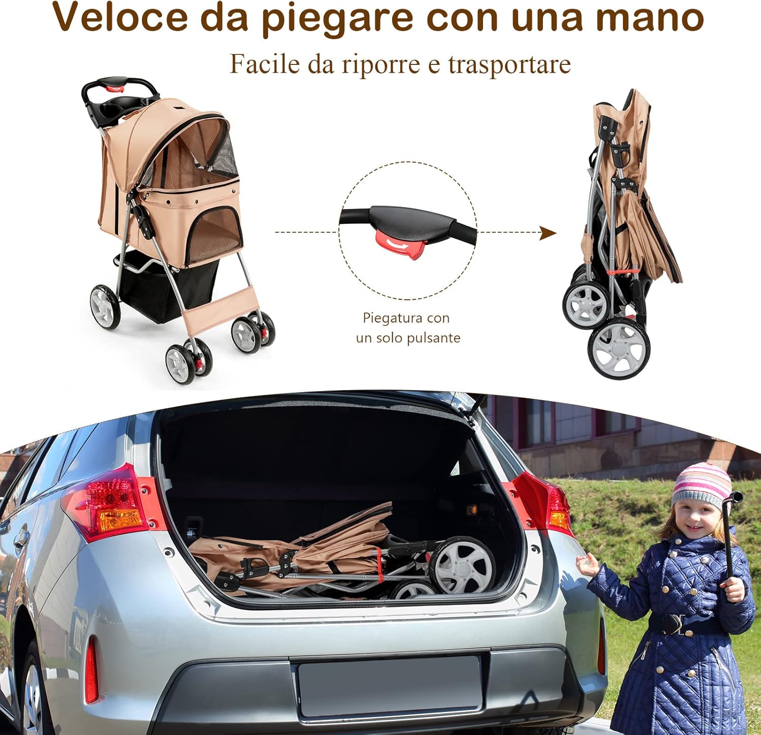 Passeggino per Cani Pieghevole, Carrozzina per Cani a 4 Ruote con Finestra a Rete Porta Bicchiere e Cesto, Passeggino Portatile per Animali Piccola e Media (Beige)