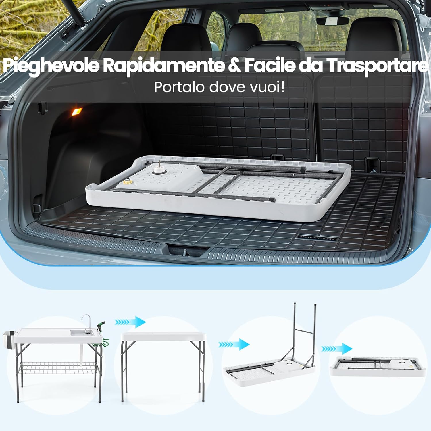 Tavolo da Pulizia del Pesce Pieghevole, Stazione di Lavoro da Esterno 2 in 1 con Lavello, Tavolo da Campeggio con Lavandino, Ugello a Spruzzo, per Campeggio Picnic