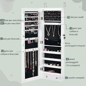 Armadietto Portagioie con Specchio, Armadio per Gioielli con 6 Luci LED e Cassetti, Organizer Gioielli per Camera da Letto e Cabina Armadio, 36 x 10 x 108 cm (Bianco)