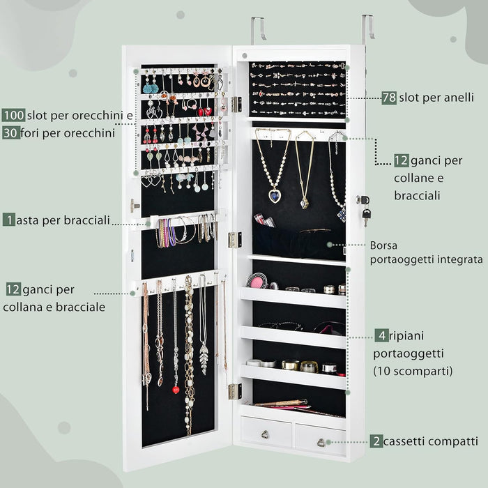 Armadietto Portagioie con Specchio, Armadio per Gioielli con 6 Luci LED e Cassetti, Organizer Gioielli per Camera da Letto e Cabina Armadio, 36 x 10 x 108 cm (Bianco)