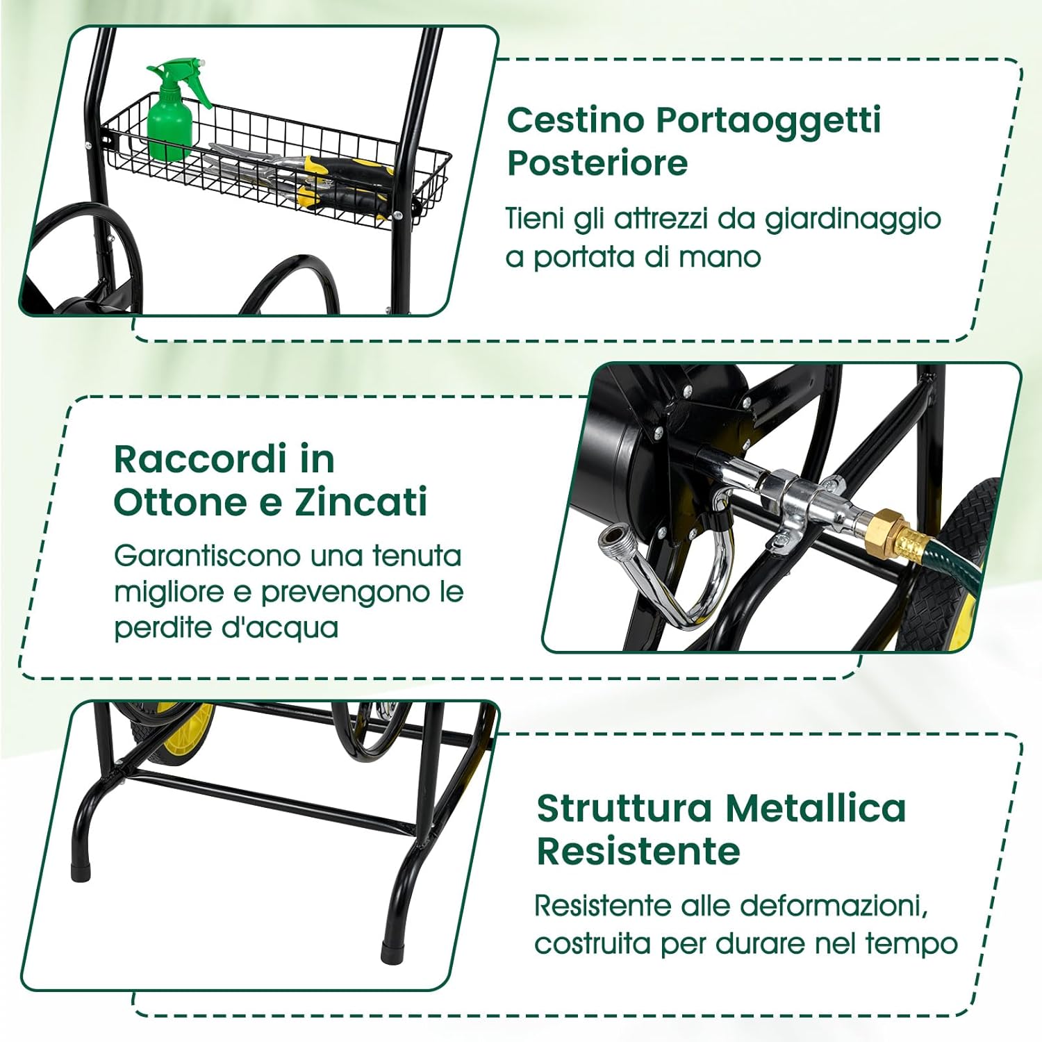 Carrello Avvolgitubo da Giardino, Capacità di 70 m per Tubi da 20 mm, Carrello per Tubo da Esterno in Metallo Robusto con 2 Ruote e Cestino Portaoggetti, per Giardino, Prato e Patio (Nero)