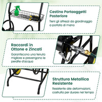 Carrello Avvolgitubo da Giardino, Capacità di 70 m per Tubi da 20 mm, Carrello per Tubo da Esterno in Metallo Robusto con 2 Ruote e Cestino Portaoggetti, per Giardino, Prato e Patio (Nero)