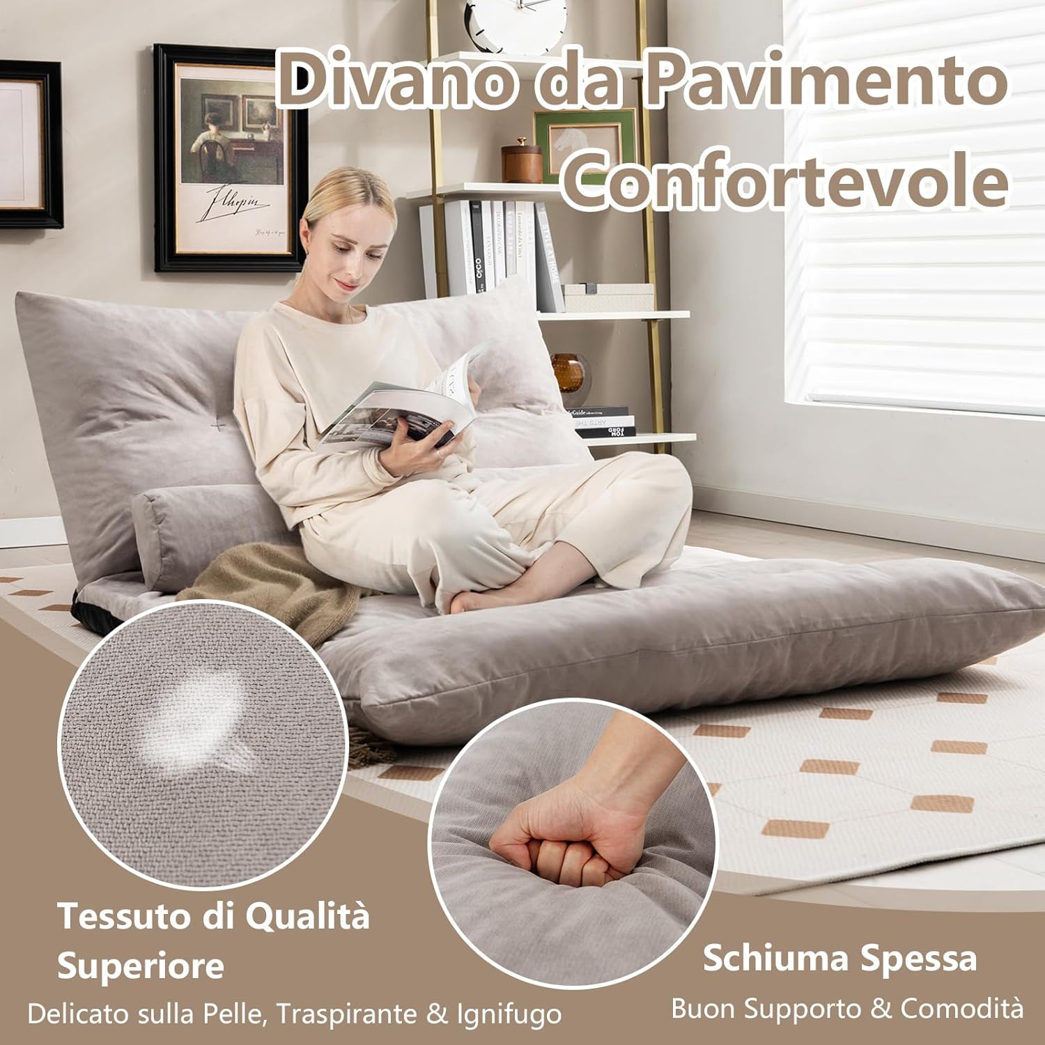 Divano da Terra Pieghevole, Divano Letto 2 Posti con Schienale Regolabile, Divano da Pavimento Trasformabile con 2 Cuscini per Camera da Letto Salone Balcone (Grigio)