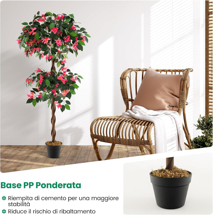 Albero di Buganvillea Artificiale 140 CM, Pianta Finta con 252 Fiori, 630 Foglie e Tronco in Legno Reale, Piante Artificiali in Vaso per Decorazione di Casa e Ufficio