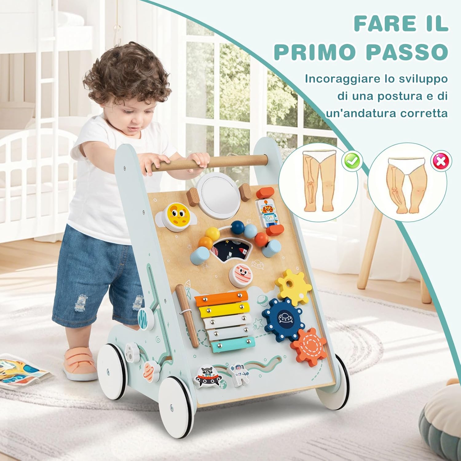 Carrellino Primi Passi 8 in 1, Girello in Legno per Bambini, Giocattolo Montessori, Centro Attività di Apprendimento a Spinta, Giocattolo a Spinta per Bambini di 1+ Anni (Verde)