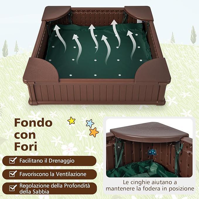 Sabbiera per Bambini, Sabbiera da Cortile con 4 Sedute Angolari e Copertura in Oxford, per Cortile Spiaggia Prato, 123,5 x 123,5 x 31,5 cm (Marrone)