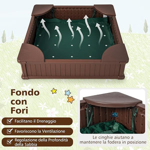 Sabbiera per Bambini, Sabbiera da Cortile con 4 Sedute Angolari e Copertura in Oxford, per Cortile Spiaggia Prato, 123,5 x 123,5 x 31,5 cm (Marrone)