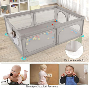 Recinto per Bambini con Materasso, Box per Bambini con Tappetino, Rete Traspirante e Apertura a Cerniera, Box Giochi con Borsa, 4 Impugnature e 50 Palline, per Bambibi 0-3 Anni (Grigio Chiaro)