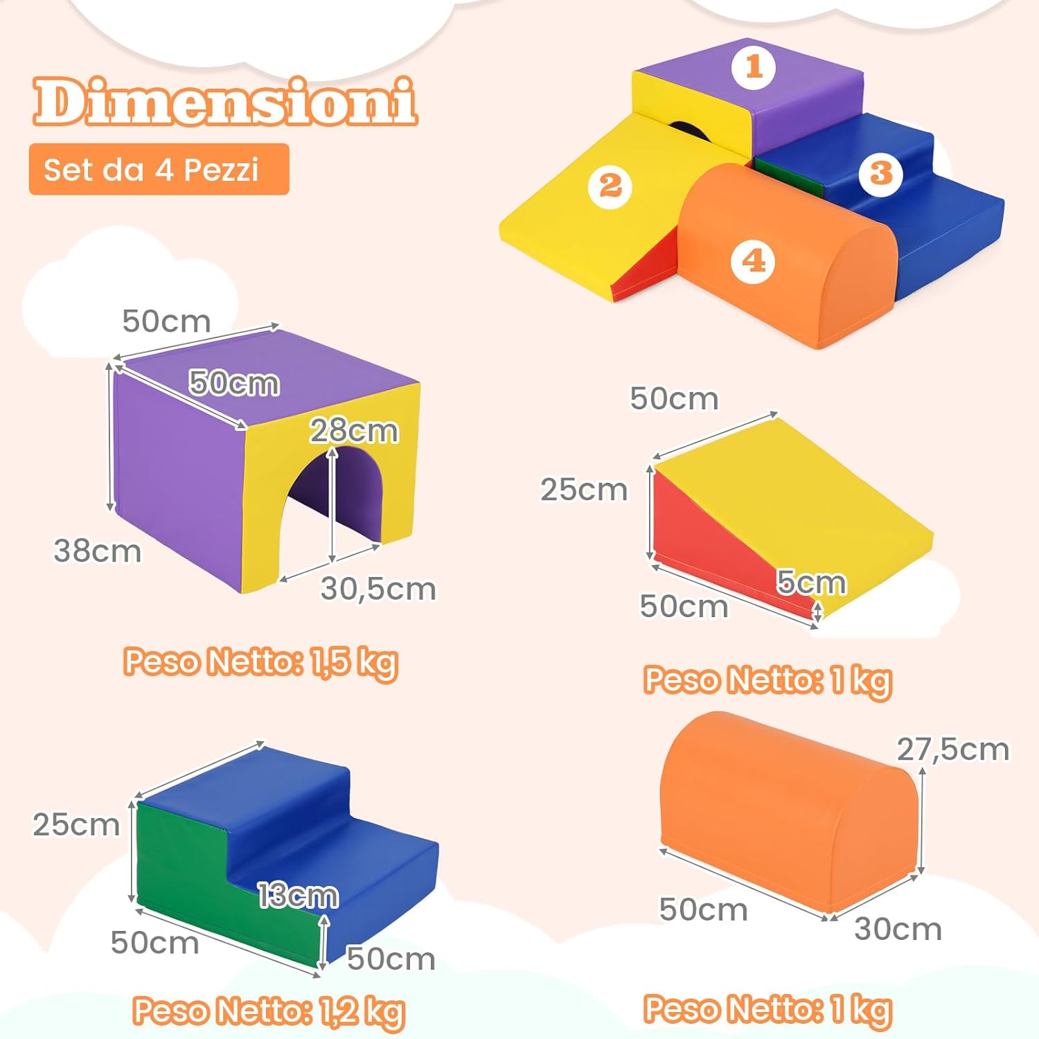 Set di 4 Blocchi in Schiuma per Arrampicarsi e Gattonare per Bambini, Set di Giocattoli Morbidi da Interno con Diverse Forme e Colori per lo Sviluppo dei Bambini (Giallo)