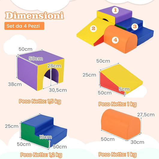 Set di 4 Blocchi in Schiuma per Arrampicarsi e Gattonare per Bambini, Set di Giocattoli Morbidi da Interno con Diverse Forme e Colori per lo Sviluppo dei Bambini (Giallo)