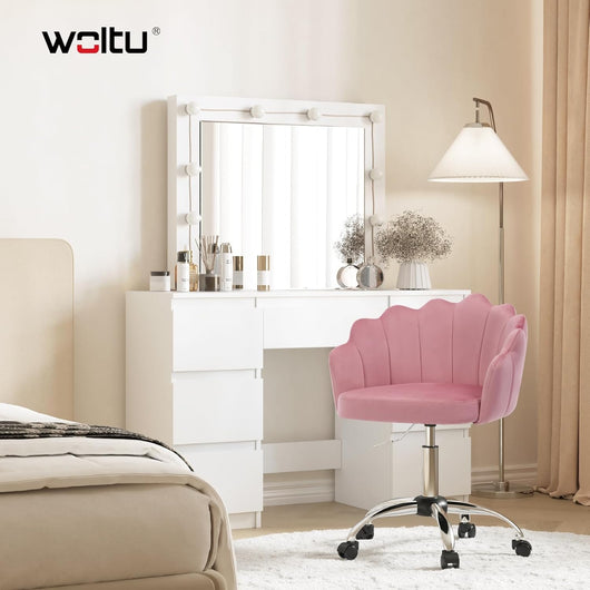 Sedia da Trucco con Schienale a Petalo, Sedia Ufficio con Braccioli e Rotelle, Poltroncina Girevole, Altura Regolabile, Velluto, Rosa